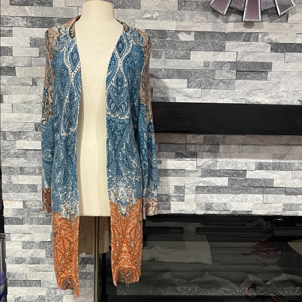 Chicos Cool Warm Mixed Paisley Print Open Front Long Sleeve Cardigan 2